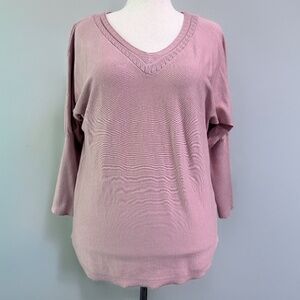 Macy’s Cable & Gauge V-Neck Dolman Sweater — Knit Trim — Dusty Rose — XL 🍁🎄